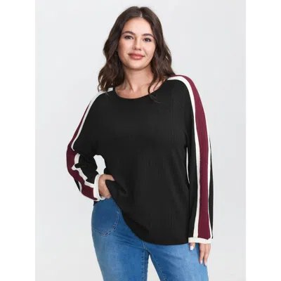 Bloomchic Women's Plus Size Striped Shoulder Textured Contrast T-shirt Black Color Block Casual Long Sleeve Bo