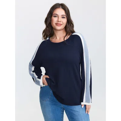 Bloomchic Women's Plus Size Striped Shoulder Textured Contrast T-shirt Indigo Color Block Casual Long Sleeve B In Purple