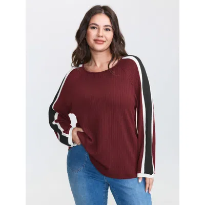 Bloomchic Women's Plus Size Striped Shoulder Textured Contrast T-shirt Scarlet Color Block Casual Long Sleeve  In Red