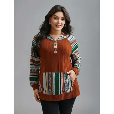 Bloomchic Women's Plus Size Striped Spliced Pocket Hooded T-shirt Rust Stripes Everyday Extra Long Sleeve 10/m In Brown