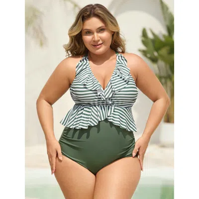 Bloomchic Women's Plus Size Striped Spliced Ruffled One-piece Swimsuit Armygreen Stripes Gathered Adaptive-fit