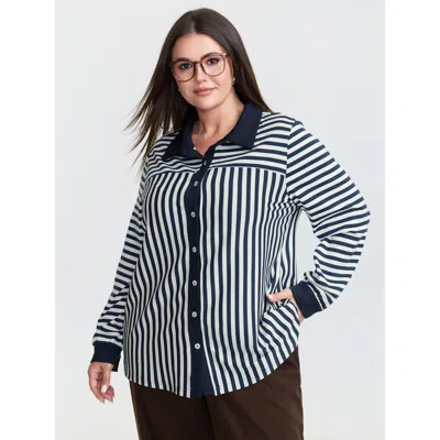 Bloomchic Women's Plus Size Striped Stretchy Color Contrast Button-down Top Indigo Extra Long Sleeve Office 10 In Purple
