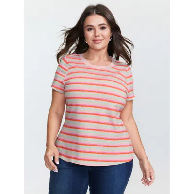 Bloomchic Women's Plus Size Striped Stretchy Round Neck T-shirt Lightpink Stripes Casual Cap Sleeve 12/l