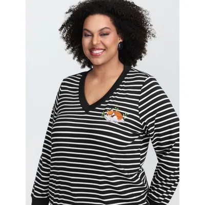 Bloomchic Women's Plus Size Striped Stretchy V-neck Sweatshirt Black Casual 10/m