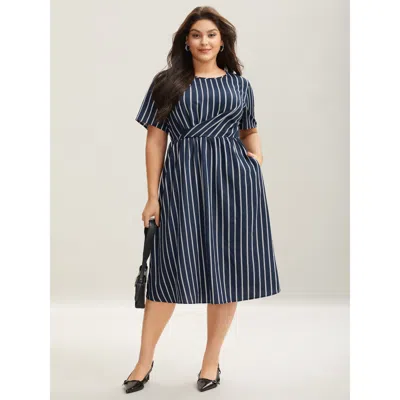 Bloomchic Women's Plus Size Striped Stretchy Waist Defining Pockets Dress Indigo Stripes Midi Office Asymmetri In Purple