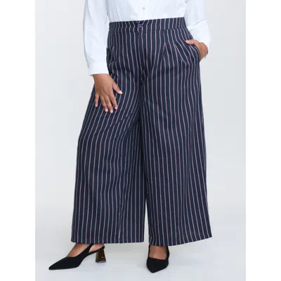 Bloomchic Women's Plus Size Striped Stretchy Waistband Straight Leg Pants Indigo Stripes Straight Fit Mid Rise In Purple
