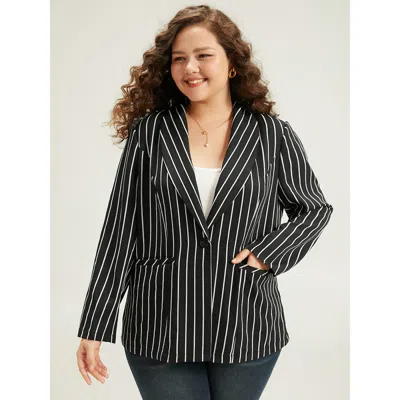 Bloomchic Women's Plus Size Striped Suit Collar Button Up Blazer Black Striped Colorblock Sleeve Long Sleeve 1