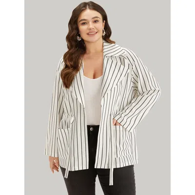 Bloomchic Women's Plus Size Striped Suit Collar Drawstring Patch Pocket Jacket White Knotted 12/l