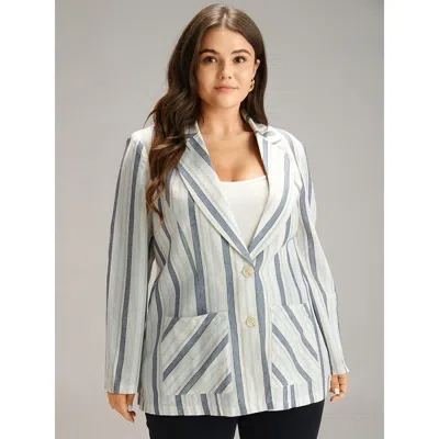 Bloomchic Women's Plus Size Striped Suit Collar Pocket Blazer Blue Striped Colorblock Sleeve Long Sleeve 10/m