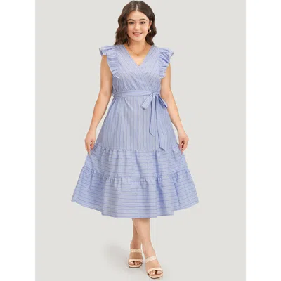 Bloomchic Women's Plus Size Striped Surplice Neck Belted Ruffle Cap Sleeve Dress Stone Dailywear Belted 28/5x In Gray