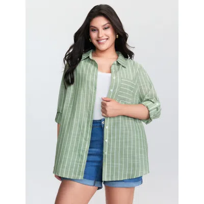 Bloomchic Women's Plus Size Striped Tab Sleeve Button-down Shirt Sage Casual Extra Long Sleeve 18-20/2x In Green