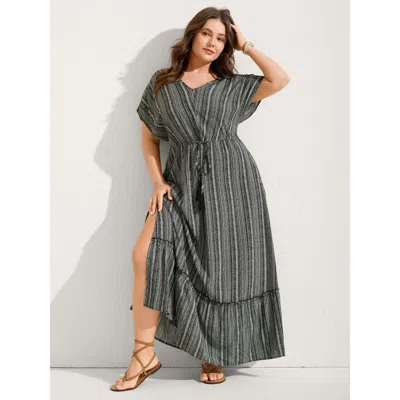 Bloomchic Women's Plus Size Striped Tassel Drawstring Tiered Midi Dress Black Bohemian Print Maxi Vacation Tas