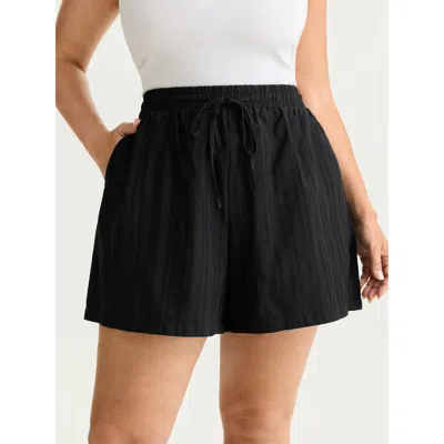 Bloomchic Women's Plus Size Striped Texture Drawstring Waist Shorts Black Casual Bermuda Lace-up Shorts 10/m