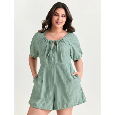 Bloomchic Women's Plus Size Striped Textured Drawstring Neckline Romper Emerald Casual 22-24/3x In Green