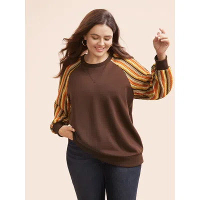 Bloomchic Women's Plus Size Striped Textured Patchwork Raglan Sleeve Sweatshirt Darkbrown Everyday 14-16/1x In Brown