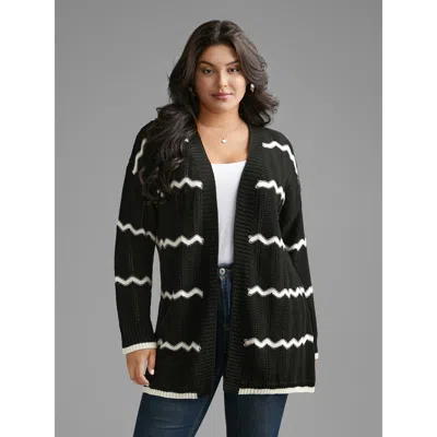 Bloomchic Women's Plus Size Striped Textured Pointelle Knit Cardigan Black Long Sleeve 14-16/1x