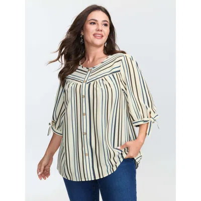 Bloomchic Women's Plus Size Striped Three-quarter Sleeve Button-down Blouse Multicolor Stripes Casual 3/4 Slee