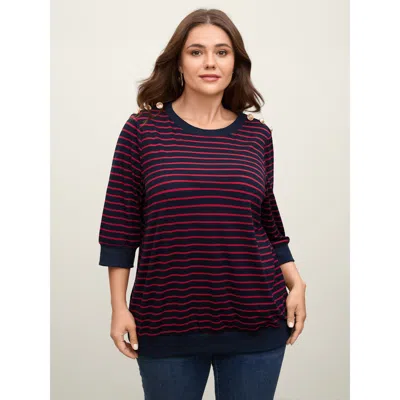 Bloomchic Women's Plus Size Striped Three-quarter Sleeve T-shirt Indigo Stripes Casual 3/4 Sleeve 12/l In Purple