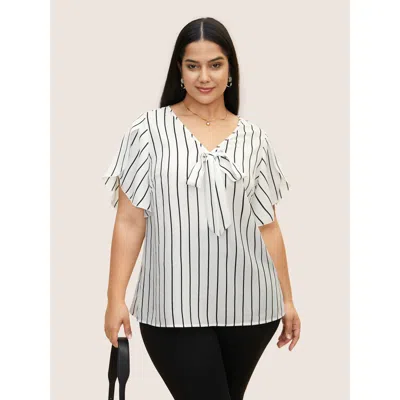 Bloomchic Women's Plus Size Striped Tie Knot Petal Sleeve Blouse Originalwhite Stripes Office Cap Sleeve 10/m