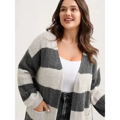 Bloomchic Women's Plus Size Striped Tissue Texture Knit Cardigan Darkgray Long Sleeve 10/m In Gray