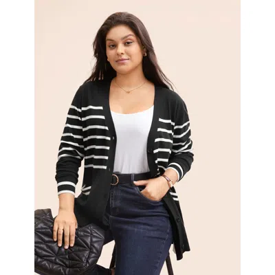 Bloomchic Women's Plus Size Striped V Neck Button Up Pocket Cardigan Black Long Sleeve 18-20/2x