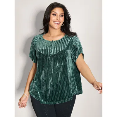 Bloomchic Women's Plus Size Striped Velvet Layered Sleeve Top Darkslategray Short Sleeve Party 10/m