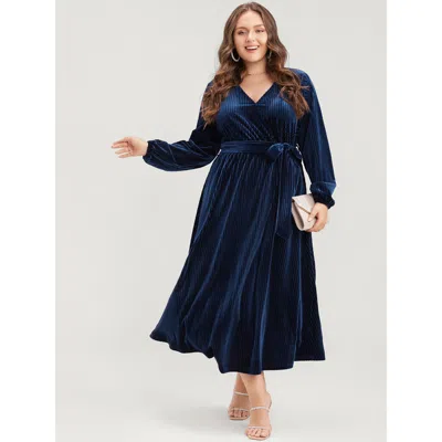 Bloomchic Women's Plus Size Striped Velvet Pocket Lantern Sleeve Belted Wrap Dress Darkblue Solid Maxi Party N In Blue