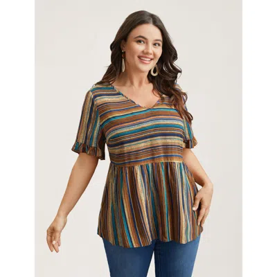 Bloomchic Women's Plus Size Striped V-neck Peplum Shirt Multicolor Stripes Vacation Short Sleeve V-neck 12/l