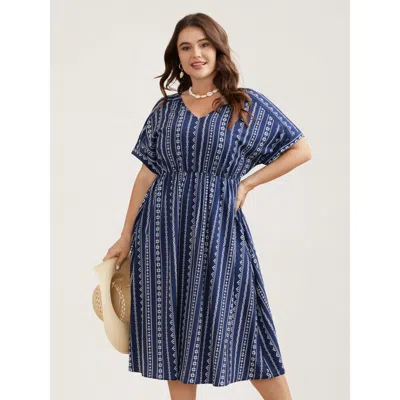 Bloomchic Women's Plus Size Striped Waist-cinched Dolman Sleeve Midi Dress Darkblue Geometric Midi Vacation Sm In Blue