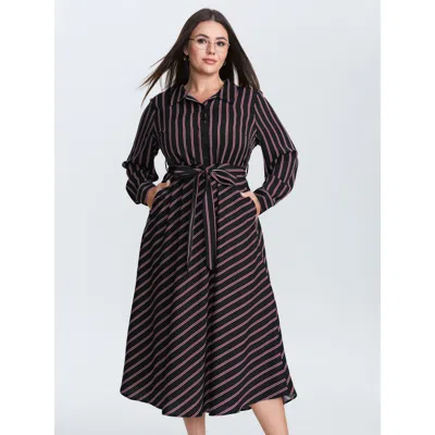 Bloomchic Women's Plus Size Striped Waist-tie Collar Midi Dress Multicolor Stripes Midi Office Non 28/5x
