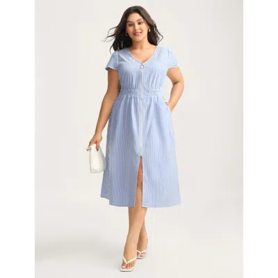 Bloomchic Women's Plus Size Striped Zipper Front Shirred Waist Midi Dress Lightblue Stripes Midi Office Shirre In Blue