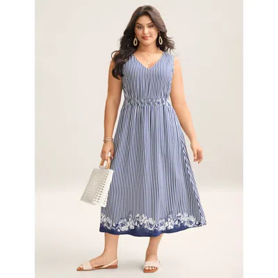 Bloomchic Women's Plus Size Stripes Cinched-waist Floral Hem Midi Dress Darkblue Stripes Midi Vacation Smocked In Blue