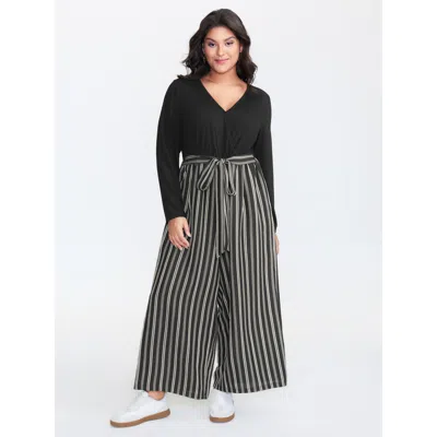 Bloomchic Women's Plus Size Stripes Color Contrast Jumpsuit Black Casual 12/l