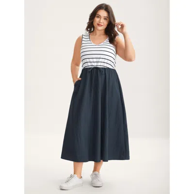 Bloomchic Women's Plus Size Stripes Color Contrast Pockets Midi Dress Indigo Stripes Midi Casual Patchwork 10/ In Purple
