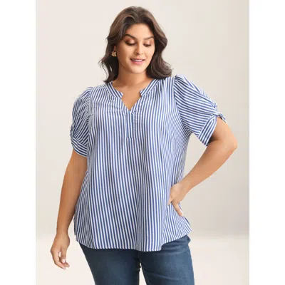 Bloomchic Women's Plus Size Stripes Knotted Sleeve Notched Collar Blouse Darkblue Stripes Office Short Sleeve  In Blue