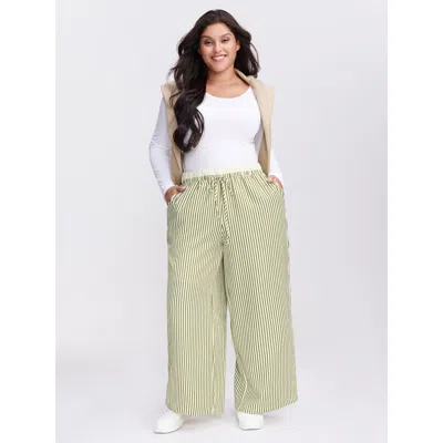 Bloomchic Women's Plus Size Stripes Layered Contrast Drawstring Pants Moss Stripes Straight Fit Mid Rise Casua In Green