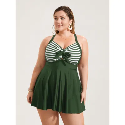Bloomchic Women's Plus Size Stripes Patchwork Tie Knot Cross Straps Swim Dress Armygreen Stripes Cut-out Adapt