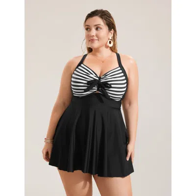 Bloomchic Women's Plus Size Stripes Patchwork Tie Knot Cross Straps Swim Dress Black Stripes Cut-out Adaptive-
