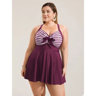 Bloomchic Women's Plus Size Stripes Patchwork Tie Knot Cross Straps Swim Dress Deeppurplered Stripes Cut-out A