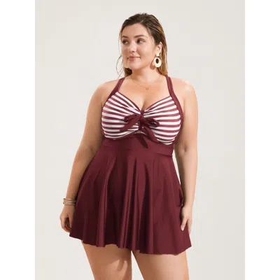 Bloomchic Women's Plus Size Stripes Patchwork Tie Knot Cross Straps Swim Dress Deepred Stripes Cut-out Adaptiv In Red