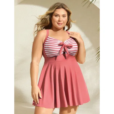 Bloomchic Women's Plus Size Stripes Patchwork Tie Knot Cross Straps Swim Dress Salmon Stripes Cut-out Adaptive In Pink
