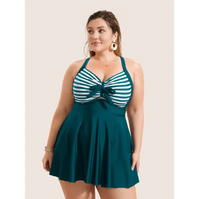 Bloomchic Women's Plus Size Stripes Patchwork Tie Knot Cross Straps Swim Dress Teal Stripes Cut-out Adaptive-f In Blue