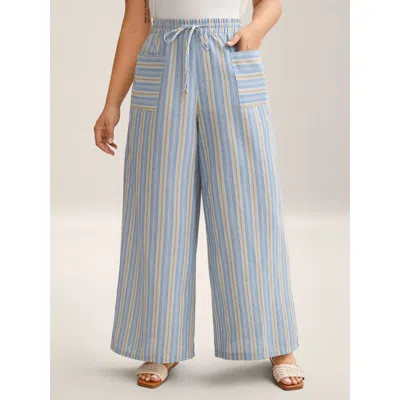 Bloomchic Women's Plus Size Stripes Pockets Wide-leg Pants Lightblue Stripes Wide Leg Mid Rise Vacation 10/m In Blue
