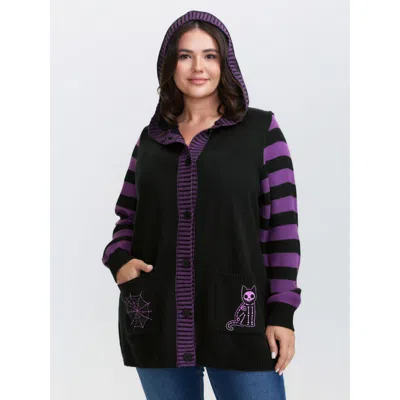 Bloomchic Women's Plus Size Stripes Sleeve Contrast Hooded Cardigan Black Long Sleeve 12/l
