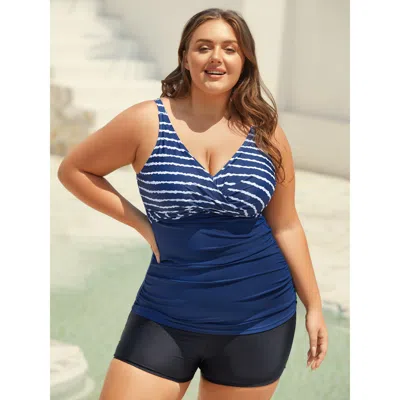 Bloomchic Women's Plus Size Stripes Spliced Ruched Swim Top Indigo Stripes Gathered Adaptive-fit 30/6x In Purple