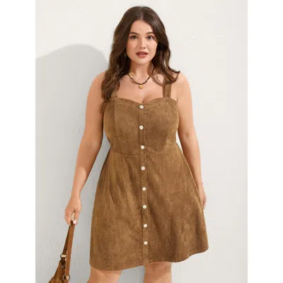 Bloomchic Women's Plus Size Suede Button Placket Sweetheart Mini Dress Browncoffeecolor Solid Mini Vacation Bu