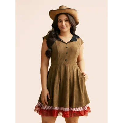 Bloomchic Women's Plus Size Suede Cowgirl Plaid Midi Dress Yellowishbrown Party Short Colorblock 22-24/3x