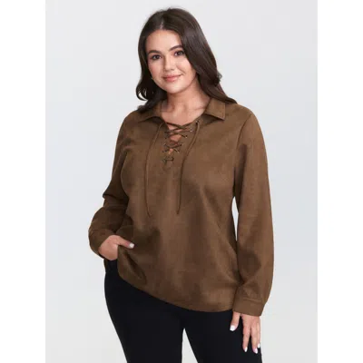Bloomchic Women's Plus Size Suede Cross-tie Neckline Curvy-fit Blouse Browncoffeecolor Non Casual Extra Long S