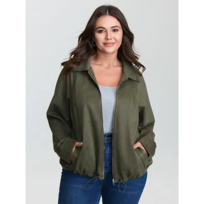 Bloomchic Women's Plus Size Suede Drawstring Hem Zipper Jacket Armygreen Non Cocoon 10/m