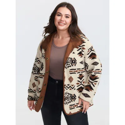 Bloomchic Women's Plus Size Suede Fleece Mix Geometric Print Coat Lightbrown Texture H-line 10/m In Brown